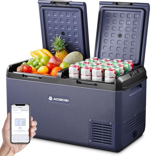AAOBOSI Geladeira portátil: IPX4 Geladeira carro 75 L, 20 °C a -20 °C frigorífico 12 v compressor com aplicação controlar, zona dupla frigorífico portátil elétrico para casa, campismo, viagens, peixe