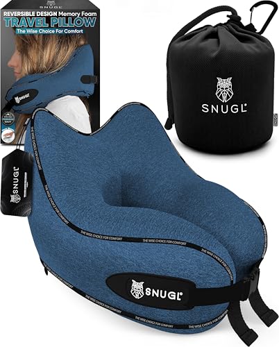 SNUGL Almofada de viagem ergonómica, almofada pescoço de viagem com espuma viscoelástica, almofada cervical com bolsa de transporte para carro e avião, azul - adulto pequeno)