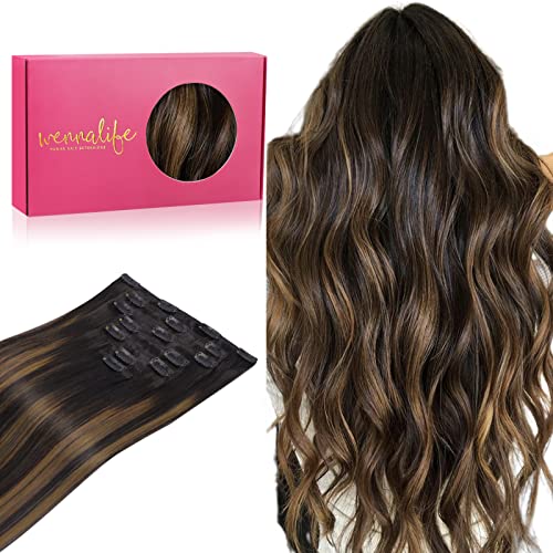 WENNALIFE Grampo de cabelo natural, 40 cm 120 g, 7 peças, preto natural misturado com castanho extensões de cabelo Remy extensões cabelo perucas mulher