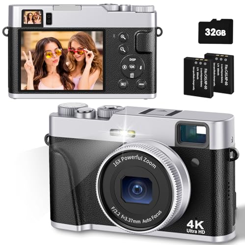 CAMKORY Câmara de fotos digital 4K 48 MP autofoco cartão 32 G visor ótico câmara digital compacta fácil de usar Zoom 16 x flash estabilização imagem leve para iniciante 2 baterias preto