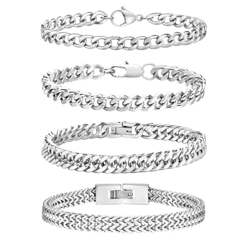 Esmoly 4 peças pulseira homem prata preto ouro bracelet men 316 L aço inoxidável corrente cubana presente aniversário presentes originais para homem 19 cm / 21 cm / 23 cm