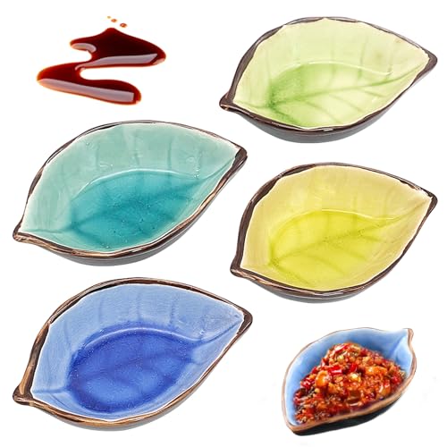 Cisolen 4 peças salseiras de cerâmica em forma de folha pratos de cerâmica para molhos tigelas para molhos mini tigelas para molhos aperitivos condimentos sobremesas frutas Snacks