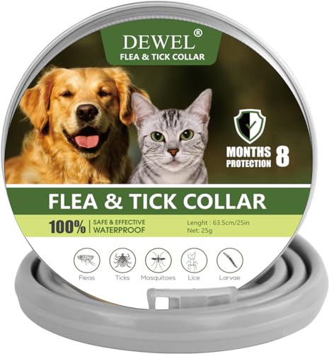 DEWEL Coleira antiparasitária para cães e gatos, coleira para proteger animais de estimação de pulgas e carrapatos por 6-8 meses, coleiras antiderrapantes naturais e ajustáveis de 63 cm, cinzento