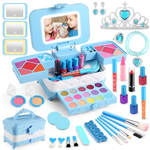 YasinKidz Maquilhagem para meninas com espelho cosmético LED de 3 cores, 57 peças kit de maquilhagem para meninas, lavável brinquedo de maquilhagem para meninas 4 5 6 7 8 anos para festa, aniversário,