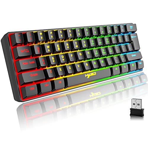 Teclado Gaming sem fios, 61 teclas Bluetooth 5.0 2.4 G modo duplo teclado ergonómico compacto silencioso 60% retroiluminado arco-íris com bateria recarregável para Windows Mac PC PS4 Gamer, preto