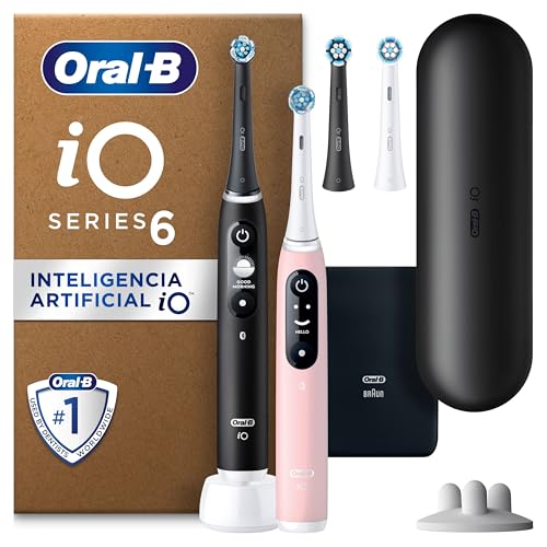 Oral-B iO 6 Escova de dentes elétrica Duo preta e rosa, 3 cabeças, 1 estojo de viagem, desenhado por Braun