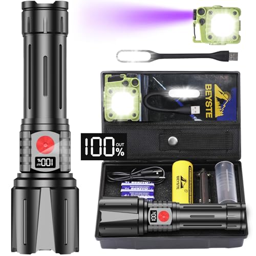 BEYSTE Lanternas LED de alta potência, 50 0000 lúmenes lanterna LED recarregável, lanterna super potente e longo alcance, lanterna tática impermeável, profissionais Flashlight para emergências