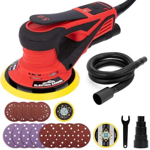 Autolock Lixadeira exclusiva de disco de 125/150 mm, 350 W lixadeira orbital elétrica, 7 velocidades até 10.000 RPM, para trabalhar e polir a madeira (vermelho)