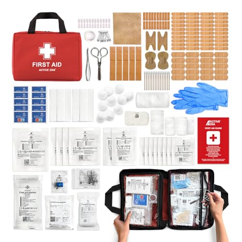 Active Era Kit de primeiros socorros premium de 180 peças - inclui lavagem ocular, 2 compressas frias (gelo) e manta de emergência para carro, casa, escritório, caravana, trabalho e viagens