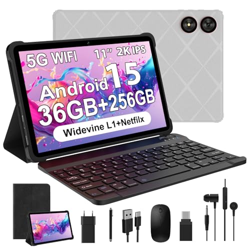 WOREGOO 11 polegadas Android 15 Tablet, 5G WiFi, Octa-Core, 36 GB RAM+256 GB ROM (1TB TF), 2000 x 1200 FHD Display, Widevine L1/8 + 13 MP/8000 mAh/GMS/GPS, Com teclado + Rato (cinzento)