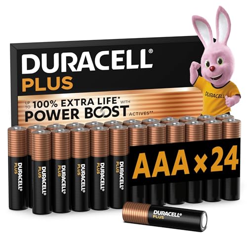 DURACELL Plus pilhas AAA (embalagem de 24), pilhas alcalinas de 1,5 V, até 150% de duração extra com ativos POWER BOOST–Confiabilidade para dispositivos diários–Embalagem com 0% de plástico-LR03
