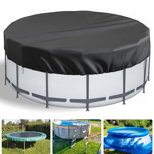 LQCOZYM Cobertura redonda para piscinas de 470 cm, lona para cinzas Oxford, cobertura de piscina de verão e inverno, com cordão e cavilhas para o chão, fácil de instalar e estável, preta (470 cm)