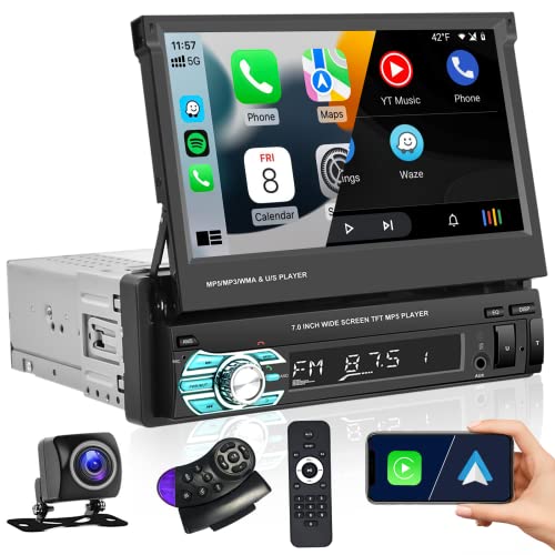 Hikity Carplay rádio carro 1 DIN com CarPlay e Android Auto, ecrã retrátil automático de 7 polegadas com FM ligação espelho Bluetooth rádio FM SD USB AUX-In câmara visão traseira