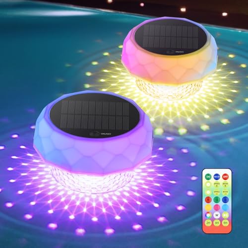 AUINSKY Luz para piscina, luz solar piscinas com RGB mudança de cor, controlo remoto RF distância com recipiente de limpeza, luzes de piscina para decoração de jardim e piscinas-2 peças