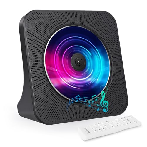 Leitor de CD de secretária com transmissor Bluetooth, leitor de CD portátil com altifalantes e temporizador, reprodutor de rádio CD com porta AUX/USB, cobertura de proteção contra poeira