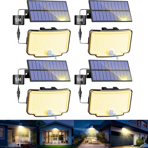 nipify Focos LED exteriores solares, luz solar com sensor de movimento, 318 LEDs/3 modos, impermeável potente candeeiro solar para jardim, garagens, caminhos, 4 pacotes branco quente