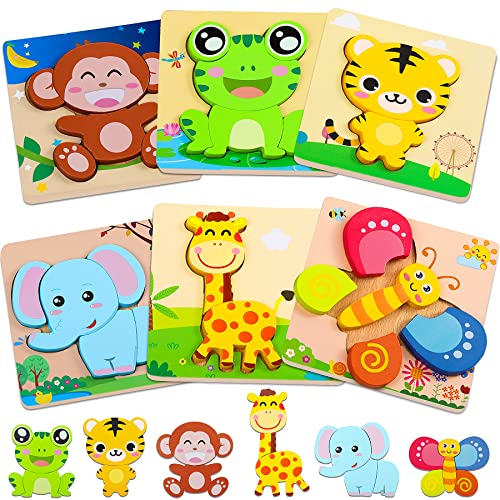 lenbest 6 peças 3D quebra-cabeças de madeira animais para crianças, puzzle de madeira com fundo empilhável colorido, brinquedos Montessori de madeira, não tóxicos, presente de aniversário / Natal para