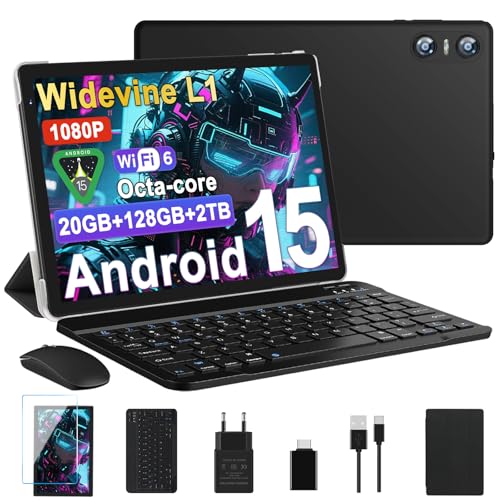 BIEGEDY Tablet de 10 polegadas Android 15, 20 GB RAM + 128 GB ROM (TF 2TB), Octa-Core, Widevine L1, GMS, 5G+2,4 G WiFi 6, 5 + 8 MP, 6000 mAh, Bluetooth 5.0, Tablet com teclado Lado e rato - Preto