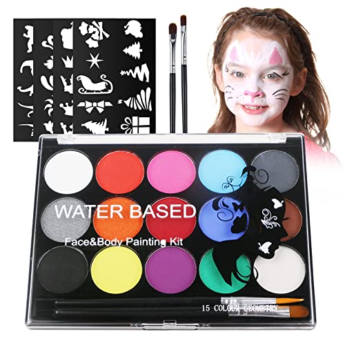 URAQT Tinta corporal e facial, 15 cores de segurança não tóxica pintura facial, kit de pintura facial com 32 modelos 2 pincéis, pintura facial para crianças Halloween festas cosplay semana santa