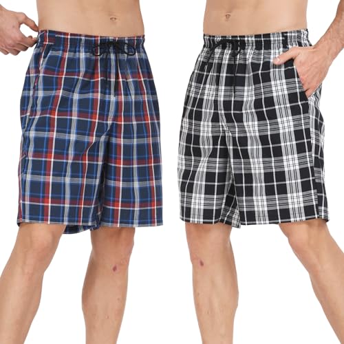 North Bund Calções de pijama para homem curto de algodão pack de 2 cintura elástico quadros roupa de dormir calções casual suave confortável casa estar verão com bolsos S-XL