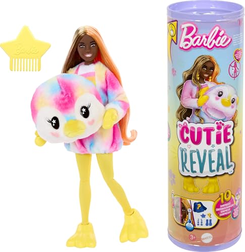 Barbie Cutie Reveal boneca morena com disfarce de pinguim com pente, animal de estimação e acessórios surpresa da moda, série de sonhos coloridos, brinquedo +3 anos (HRK40)