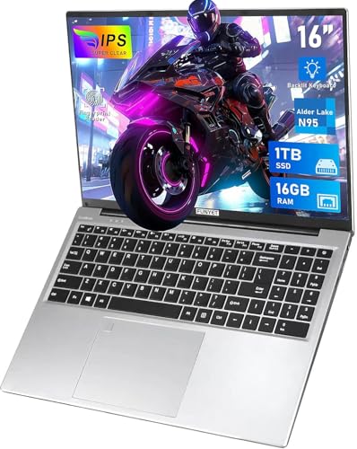 FUNYET Computador portátil de 16 polegadas, 16 GB de RAM, 1 TB de SSD, Win 11 Pro, PC portátil processador N95 de 12ª geração (até 3,4 GHz), suporte Touch ID, FHD 1920 * 1200, teclado retro. Iluminado