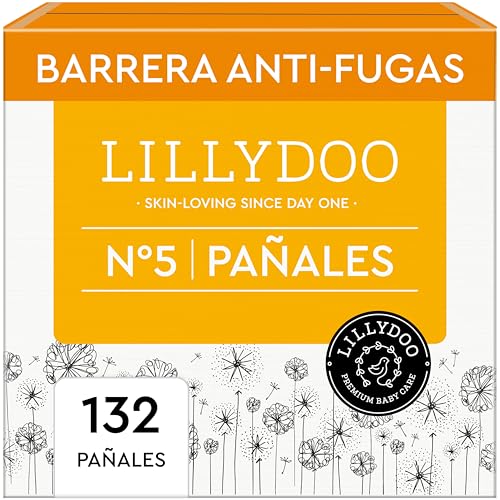 Fraldas LILLYDOO delicadas com a pele - tamanho 5 (11-16 kg), caixa mensal (132 unidades), proteção contra fugas, macias, sem perfumes ou loções e dermatologicamente testados