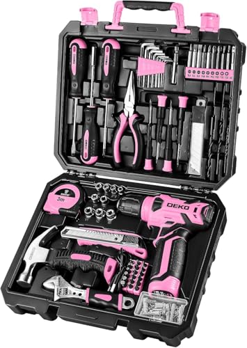 DEKO Caixa de ferramentas completa com chave de fenda elétrica/broca com bateria de 8 V, mala de 126 peças, caixa profissional de ferramentas domésticas de bricolage para escritórios e jardim, rosa