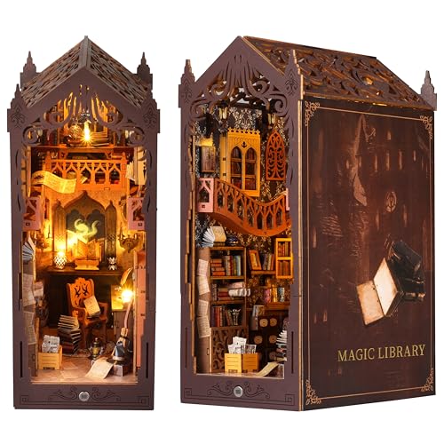 DIY Book Nook Kit 3D, DIY casa livros decoração de casa, casa de bonecas em miniatura de madeira com móveis e luzes LED decoração criativa de estante inserível presentes natalícios