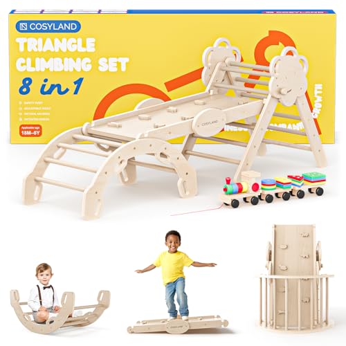 COSYLAND 8 em 1 triângulo de escalada Montessori com arco e rapa, conjunto dobrável infantil, brinquedo de madeira resistente para interiores, crianças 18 meses - 6 anos, cores naturais, grande