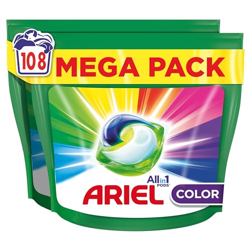 ARIEL PODS Tudo em 1 detergente máquina de lavar líquido em cápsulas/comprimidos, 108 lavagens (2 x 54), sabão de limpeza profunda, mais cor, cuidado extra da cor e do brilho