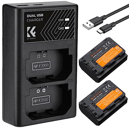 K&F Concept NP-FZ100 Bateria de substituição (2 pacotes) com carregador duplo USB, Sony NP-FZ100 bateria de câmara 2280 mAh para Sony Alpha A7 III, A7R III (A7R3), A9, a6600, a7R IV, alfa A9 II