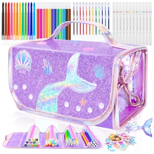 JYPS 70 peças sereias Maletin pinturas para crianças com estojo, lavável marcadores para colorir conjunto de pintura, rayões, aguarelas, maleta de cores desenho brinquedos presente menina 3 4 5 6 7