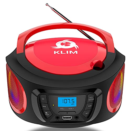 KLIM Boombox Rádio CD portátil com Bluetooth, MP3, USB, AUX, rádio FM, leitor de CD com pilhas recarregáveis incluídas, modo sem fios e cabo novo, vermelho