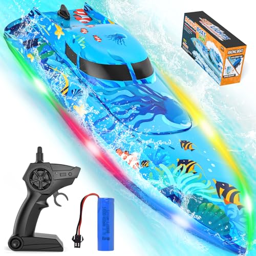 suangrc Barco RC com 3 modos de luzes LED para crianças, larga elétrica RC, brinquedos de piscina totalmente impermeáveis meninos meninas, bateria recarregável detecção de água, alerta bateria baixa