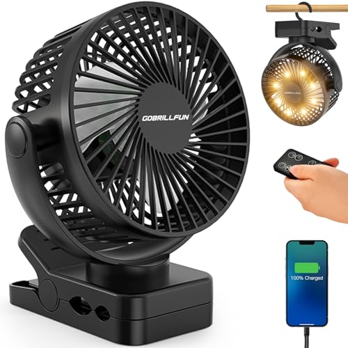 GOBRILLFUN Ventoinha portátil com clipe de 6" e bateria de 12000 mAh, USB recarregável, luz LED, controlo remoto, 3 velocidades, temporizador e Power Bank para campismo, carro e carrinha Camper
