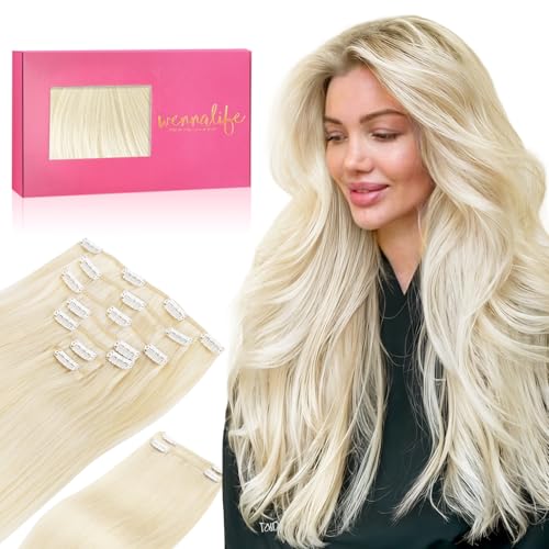 WENNALIFE Extensões de clipe de cabelo natural, loiro prateado 150 g 45 cm 9 peças extensões de cabelo natural Remy cabelo humano extensões de cabelo natural clipe duplo Weft extensões de clipe