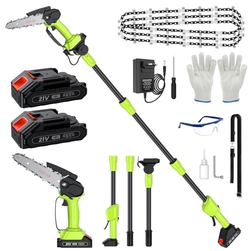 Motosserra bateria com pertiga, 6" bateria sem cabo e 1,8 m serra de podar telescópica 2 em 1, máquina elétrica de altura com 4 correntes, óculos, luvas de podar árvores pátio de jardim