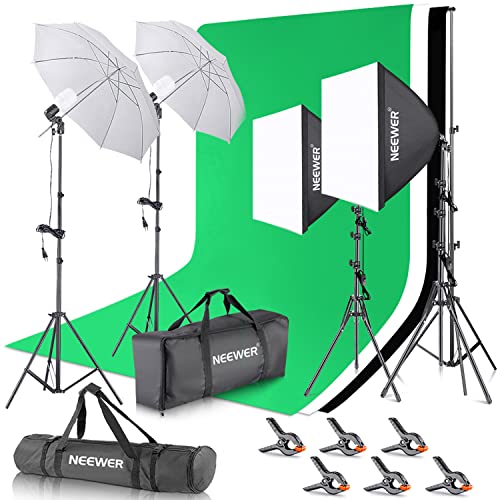 NEEWER Kit de iluminação de fotografia com fundos, suporte de fundo 2,6 x 3 m, 5700 K 800 W equivalente a 24 W lâmpadas LED guarda-chuva Softbox iluminação contínua, equipamento de estúdio fotográfico
