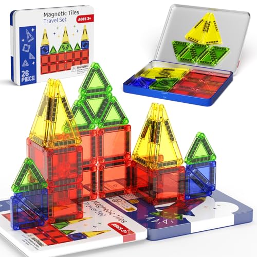 Telhas magnéticas de viagem, mini blocos de construção magnéticos de 26 peças, conjunto de azulejos magnéticos de viagem para meninos e meninas a partir dos 3 anos, brinquedos de viagem montessori
