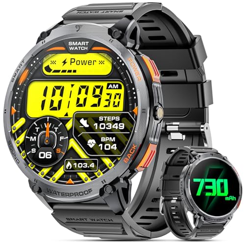 Haulvean Smartwatch Militar para homens com chamadas Bluetooth, 1,85" HD 730 mAh, IP68, acompanhamento de fitness com lanterna LED, frequência cardíaca 24/7, monitorização do sono, compatível com