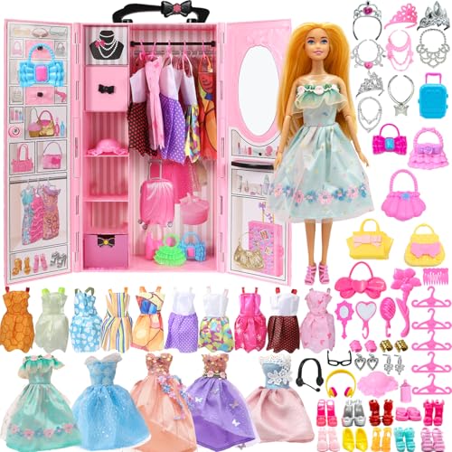 Yutoy Armário de bonecas para roupa de boneca, adequado para bonecas para menina de 11,5 polegadas, acessórios de 63 peças, armário com roupa e boneca, incluindo roupas, acessórios, malas, sapatos,