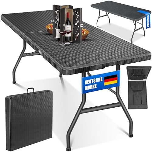KESSER® Mesa Buffet dobrável de plástico 180 x 75 cm com aspeto de vime, mesa de festa, de jardim para terraço e varanda 6 pessoas Incl. Alça de transporte, antracite