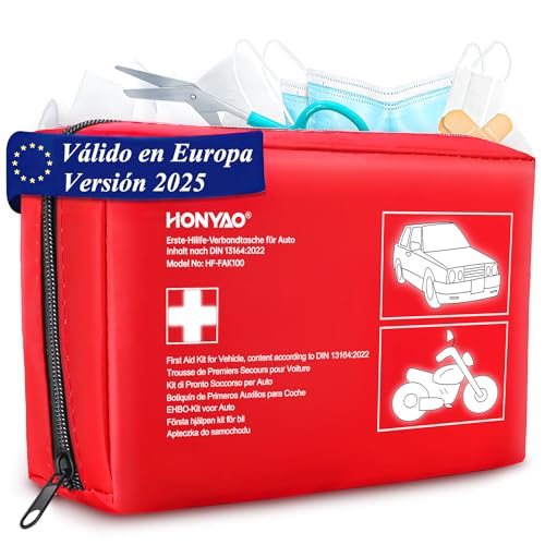 HONYAO Kit de primeiros socorros para carro, kit de primeiros socorros com a última norma DIN 13164, kit para automóvel camiões cavanas mota viagem casa campismo