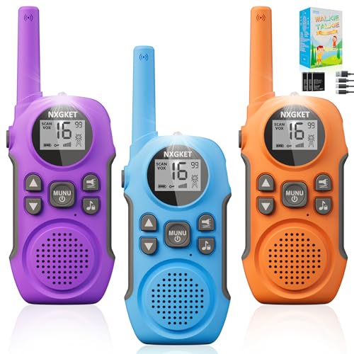 Walkie Talkie para crianças recarregável, 3 unidades NXGKET Walki Talki Longo alcance bateria de Li-Ion, presente de brinquedos ao ar livre para crianças dos 3 aos 12 anos, 16 canais LCD ecrã VOX para