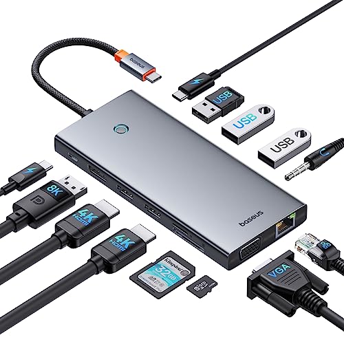 Baseus Docking Station USB C para 3 monitores, 13 em 1 hub USB C com 2 HDMI 4K@60Hz, DisplayPort 4K@120Hz, VGA, porta dados de USB 3.1 10 Gbps, PD 100 W e Ethernet para
