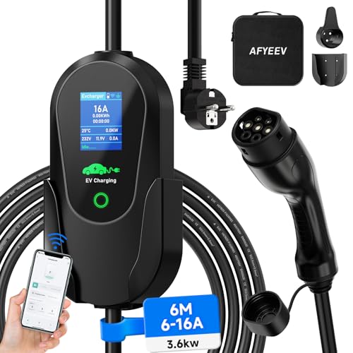 AFYEEV Carregador de carro elétrico de 3,68 kW (6 m, 6 – 16 A, 1 fase), carregador EV tipo 2 com tomada Schuko, cabo de carregamento de corrente Schuko com corrente ajustável e função de aplicação