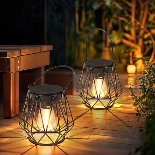 Ketom 2 peças lanternas solares exteriores, IP65 impermeáveis lanternas solares, metal lâmpada solar jardim, suspensa/em pé, para decoração de terraço, pátio, varanda, campismo, hexagonal