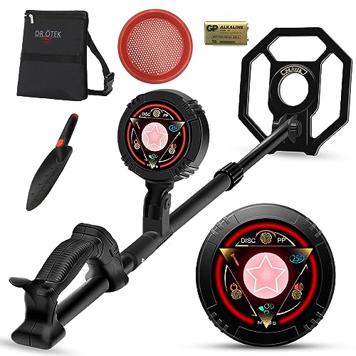 DR.ÖTEK Detector de metais para crianças, com modo de disc/Pinpoint exclusivo, ecrã tátil, haste ajustável, bobina impermeável, inclui bolsa de transporte, peneira de areia, pá de areia