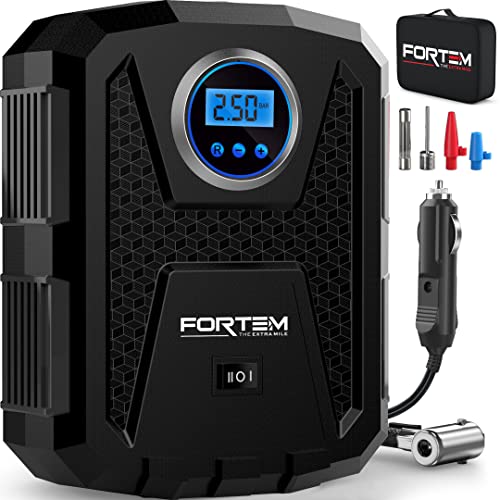 FORTEM Bomba de ar para automóveis, compressor de ar portátil de 12 V com motor elétrico de 120 W, ecrã digital LCD, luz LED de emergência, bico convencional e 3 adaptadores